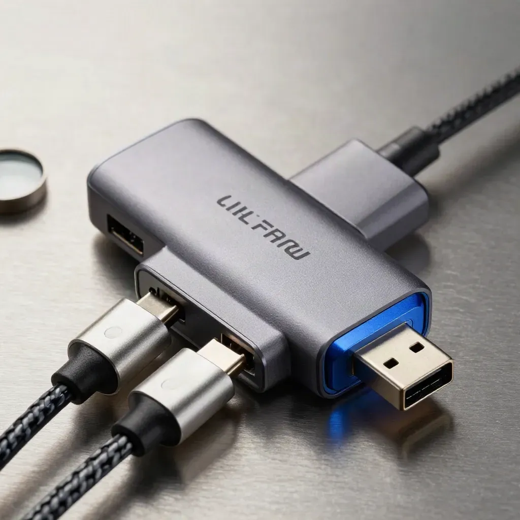 브러시드 메탈 위 USB-C 허브와 어댑터가 포트에 반쯤 연결된 극접사 사진